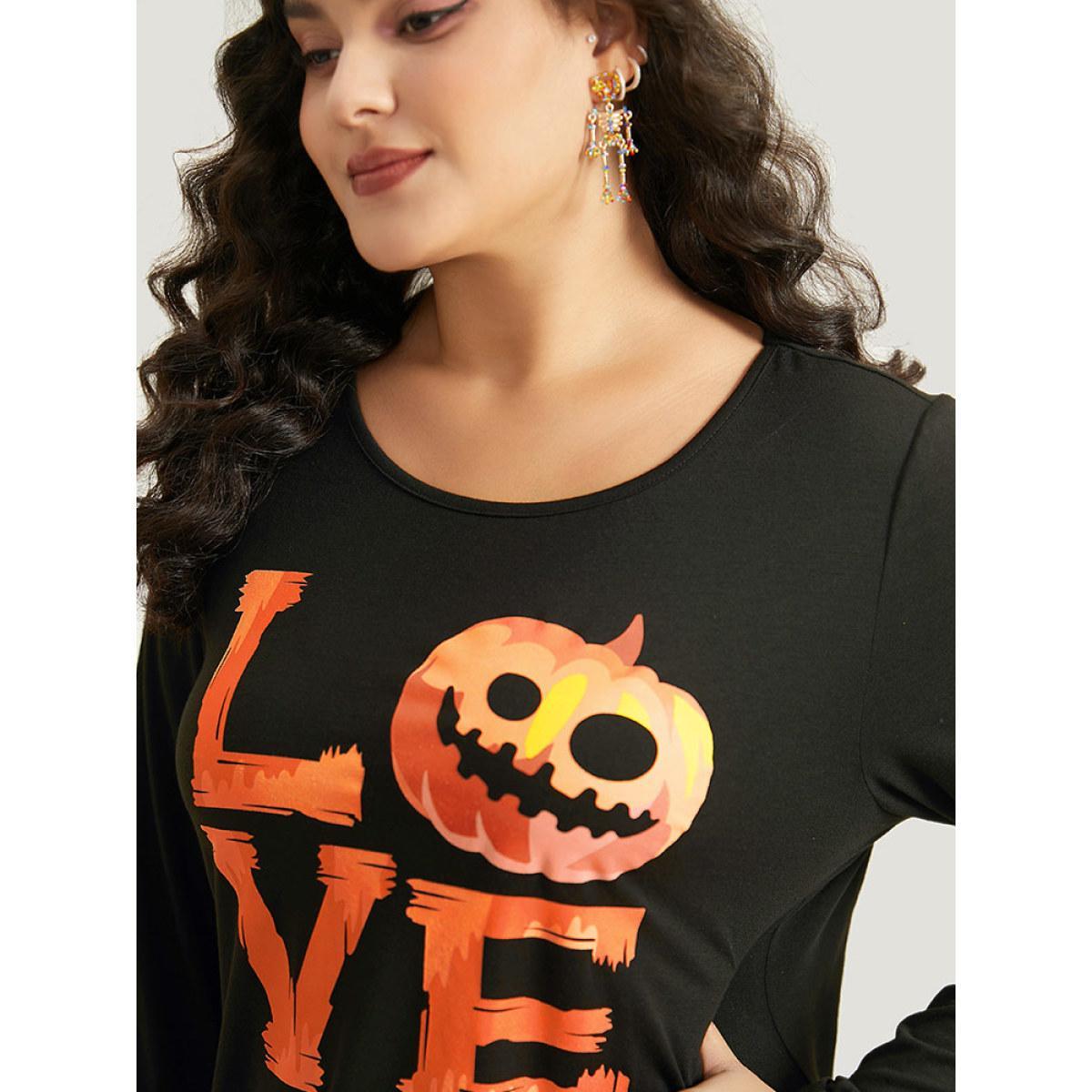 Plus Size Halloween Pumpkin & Letter Print Pocket Lace Panel Dress Black Women Casual Printed Curvy Midi Dress BloomChic 14-16/1X Product Image