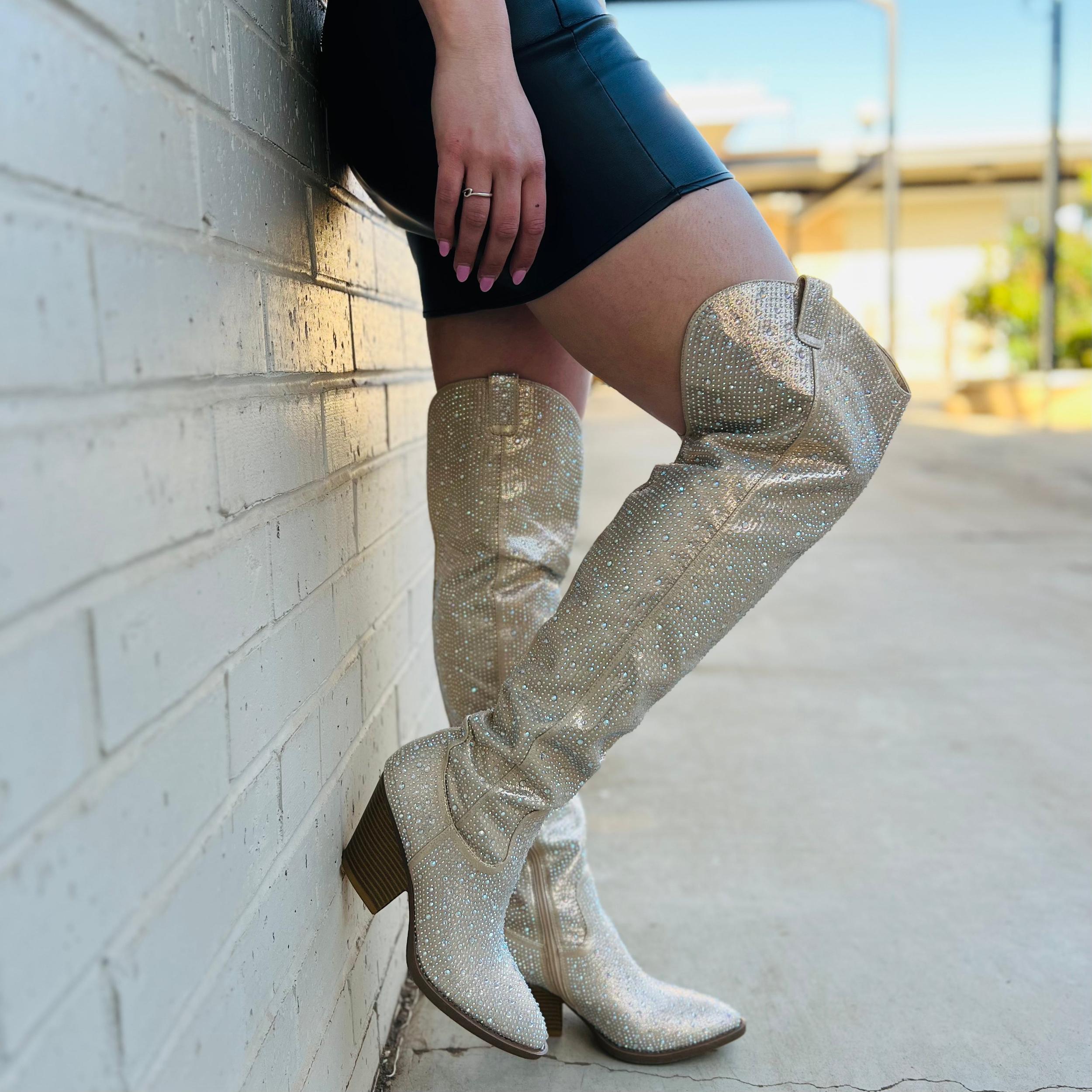 Champagne Bring Ya To Your Knees Rhinestone Boots* Product Image