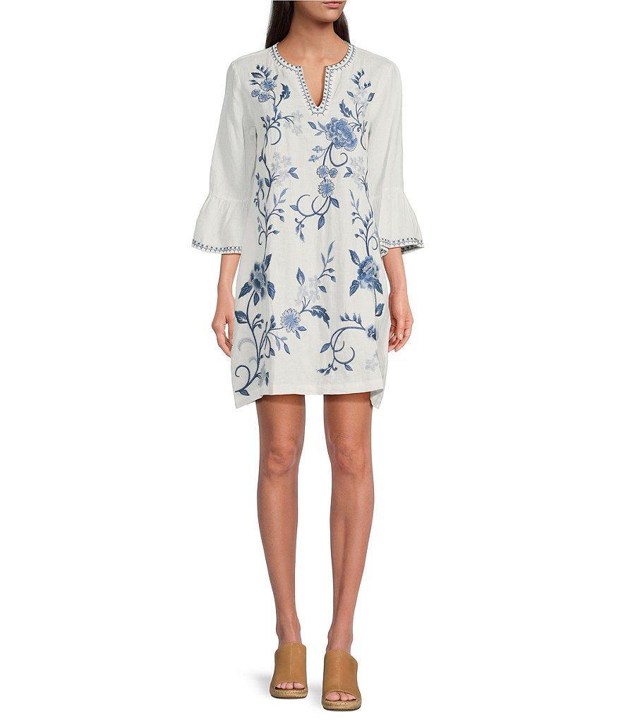 JOHNNY WAS Embroidered Linen Split V-Neck 3/4 Ruffle Sleeve Dress Product Image