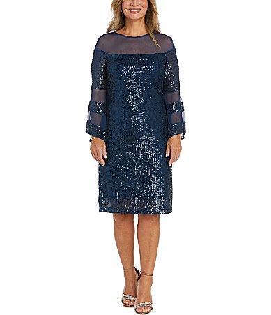 Women's R&M Richards Short Illusion Sequin Bell Sleeve Dress, Size: 8, Peacock Product Image