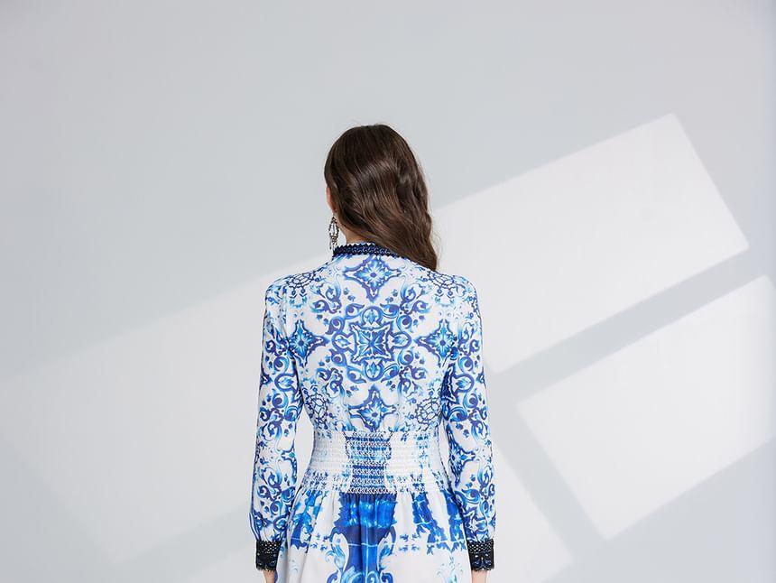 Long Sleeve Stand Collar Patterned Print Panel Lace Mini A-Line Dress Product Image