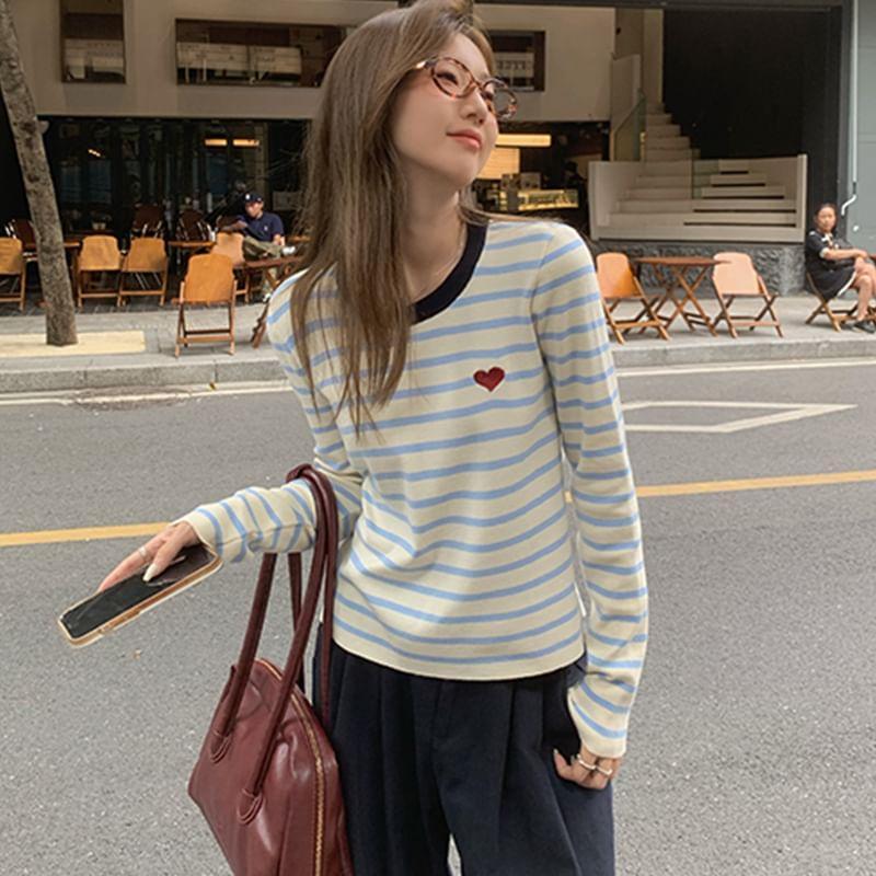 Long-Sleeve Round Neck Striped Heart Bow Embroidered Knit Top Product Image