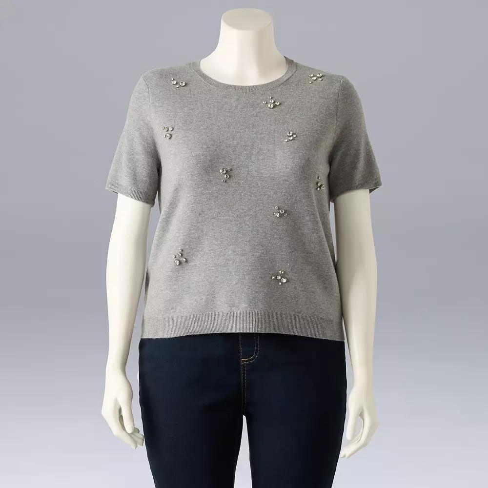 Plus Size Simply Vera Vera Wang Rhinestone Cluster Tee, Women's, Size: 0X, Dark Gray Fox Grey Product Image