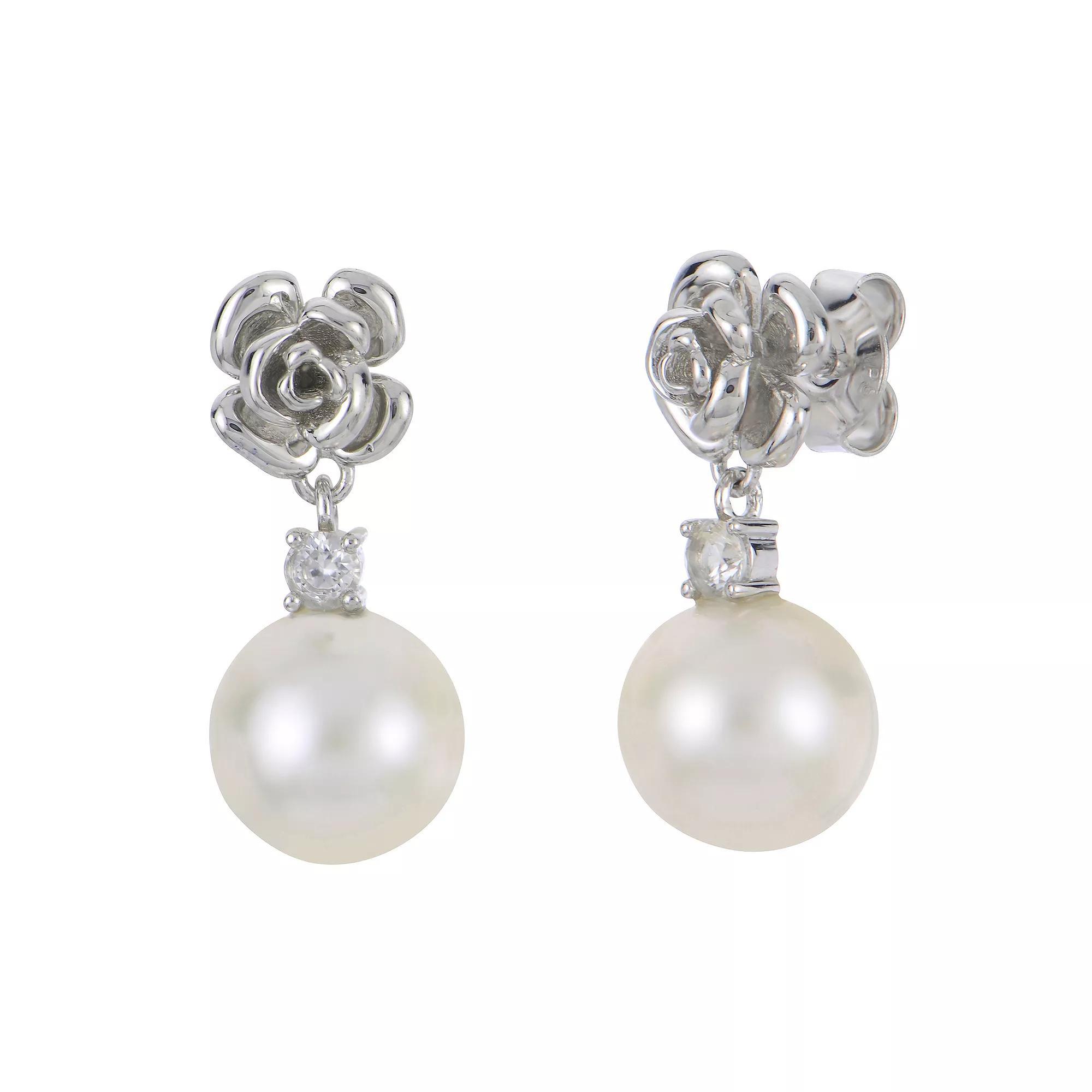 PearLustre by Imperial Sterling Silver Freshwater Cultured Pearl & Lab-Created White Sapphire Rosette Drop Earrings, Womens Product Image