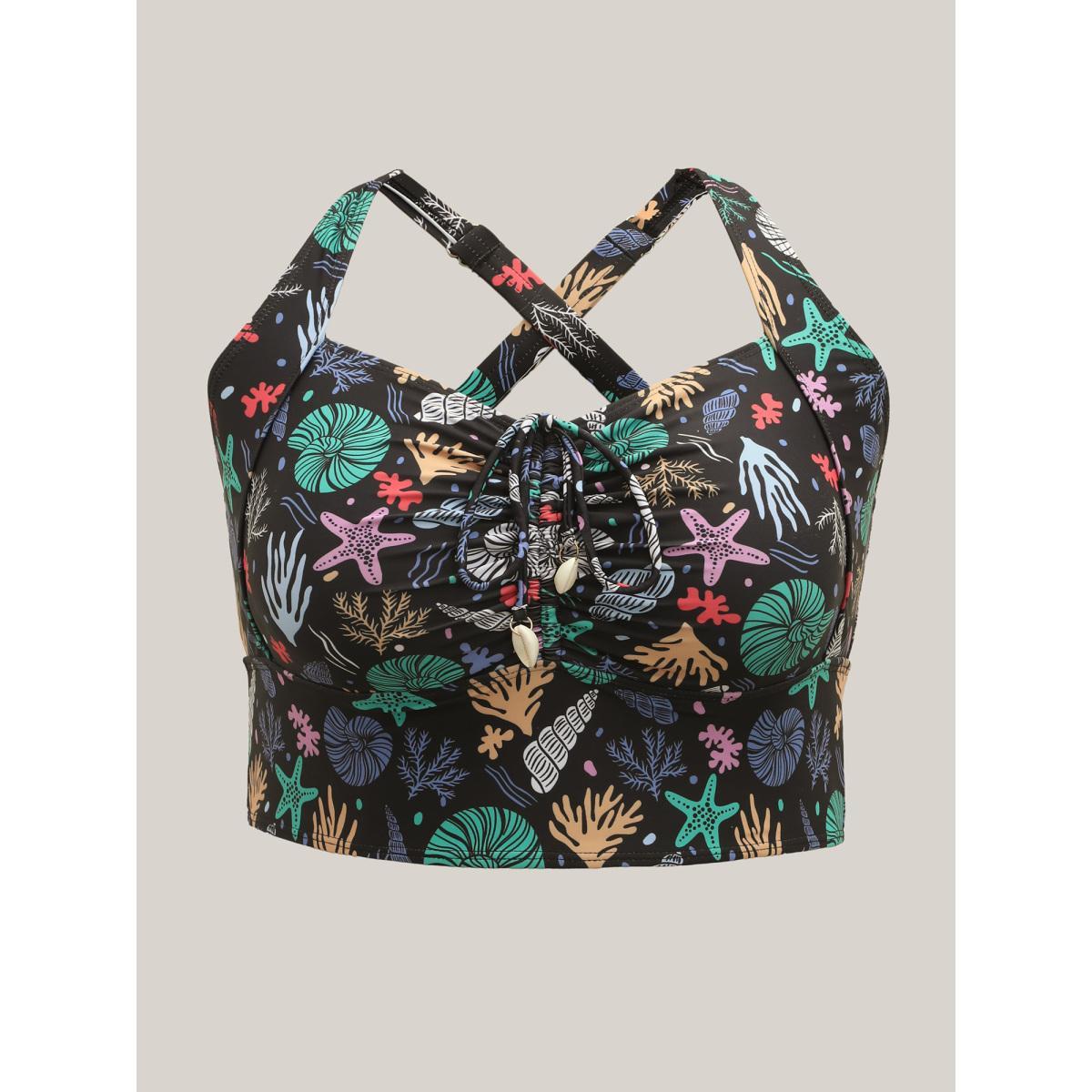 Plus Size Bust-Friendly Ties Shell Print Swim Top Women's Swimwear Multicolor Beach Drawstring High stretch Skinny Heart neckline Curve Swim Tops BloomChic 30/6X Product Image