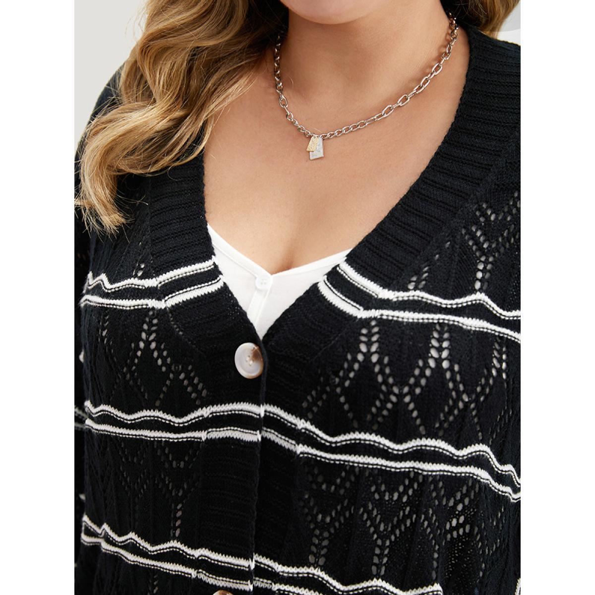 Plus Size Striped Geometric Button Through Cardigan Black Women Casual Loose Long Sleeve Dailywear Cardigans BloomChic 10/M Product Image
