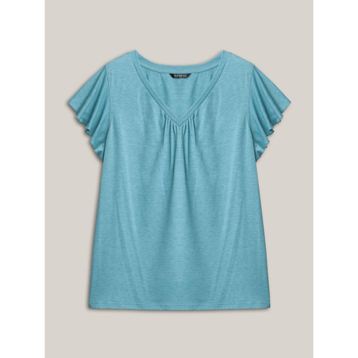 Plus Size Solid Heather Gathered Ruffle Sleeve T-shirt Cerulean Women Elegant Non V-neck Everyday T-shirts BloomChic 14-16/1X Product Image