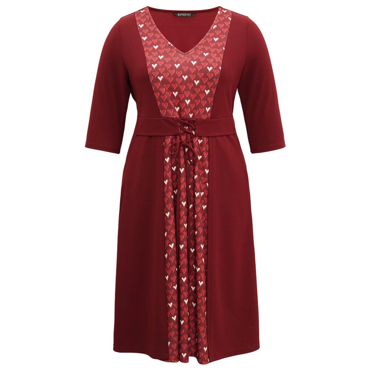 Plus Size Heart Print Patchwork Print Lace Up Ties Dress Scarlet Women Casual Cross straps V-neck Elbow-length sleeve Curvy Midi Dress BloomChic 28/5X Product Image