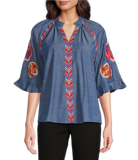 Calessa Burnout Embroidery Detail Split Round Neck 3/4 Sleeve Stretch Knit Top Product Image