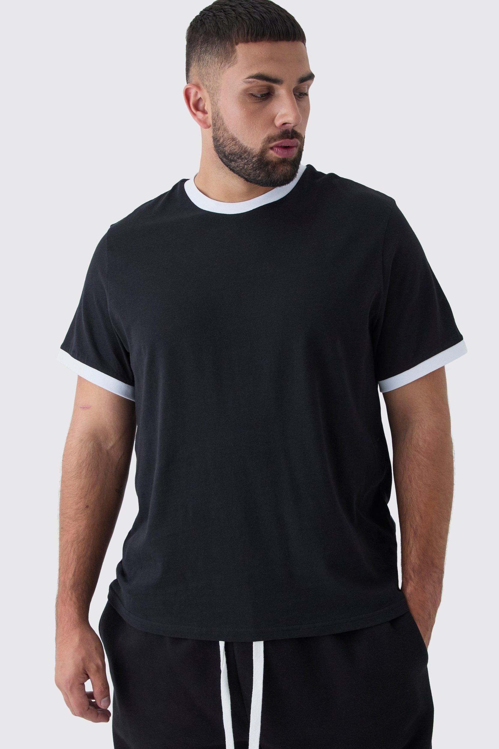Mens Black Plus Ringer Neck T-Shirt, Black Product Image