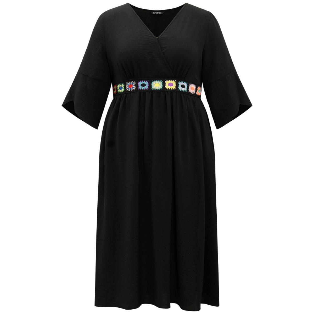 Plus Size Plain Elastic Waist Embroidered Wrap Dress Black Women Vacation Wrap Overlap Collar Elbow-length sleeve Curvy Midi Dress BloomChic 30/6X Product Image