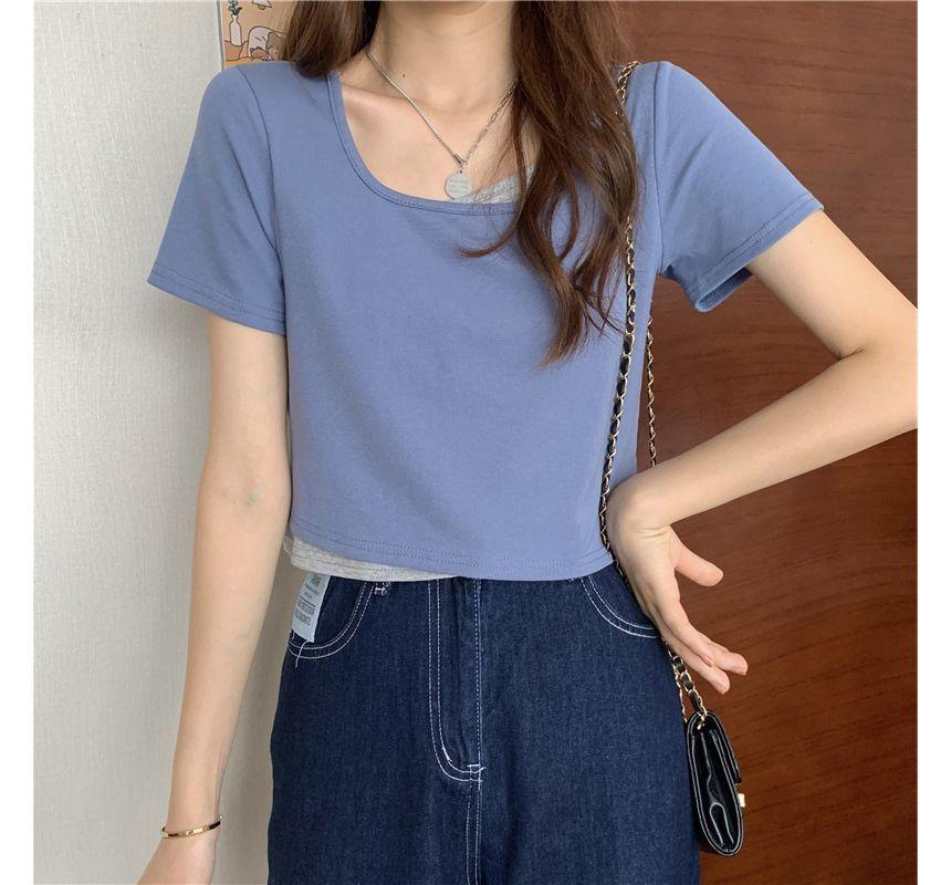 Short-Sleeve Scoop Neck Two Tone Mock Two-Piece T-Shirt Product Image