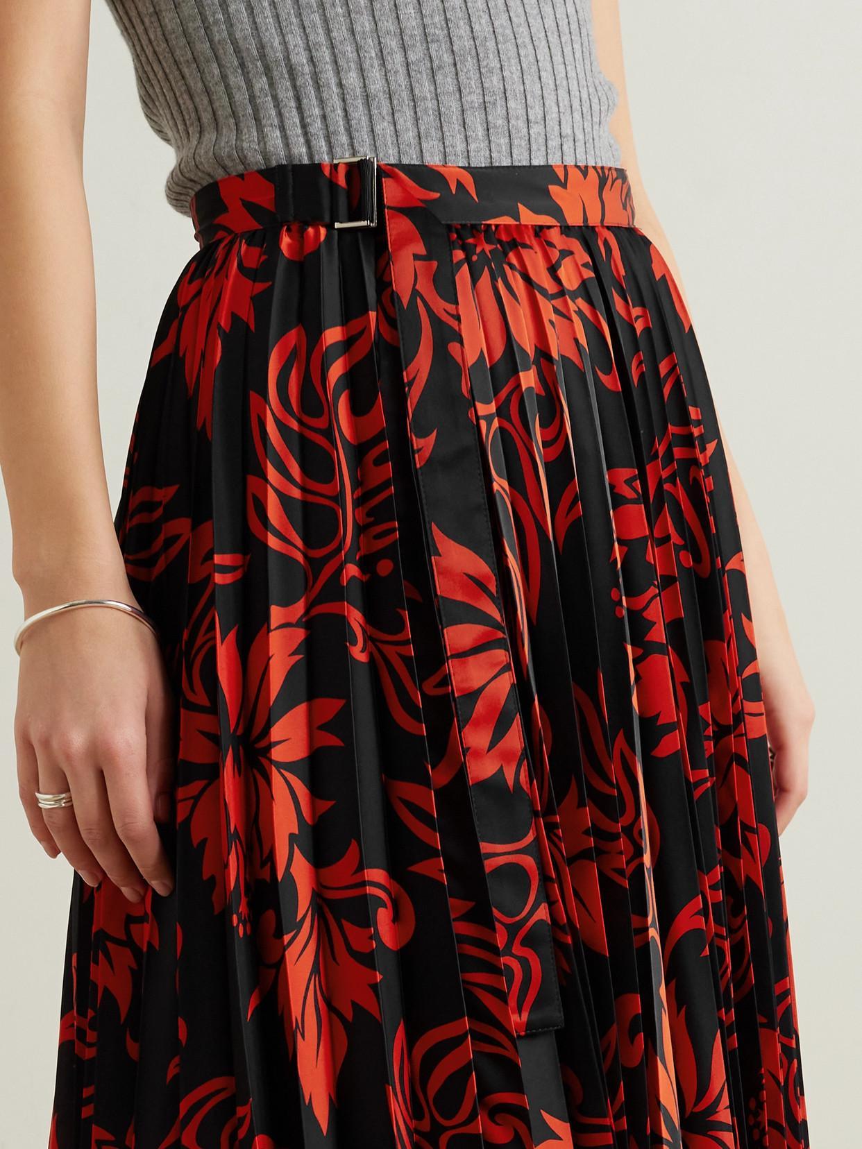 SACAI Pleated Floral-print Satin Midi Skirt In Red Product Image