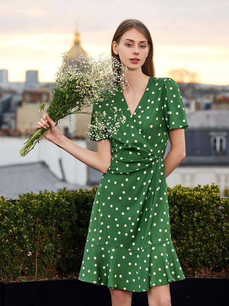 19 Momme Mulberry Silk Polka Dots Print Ruffle Women Mini Dress With S Product Image