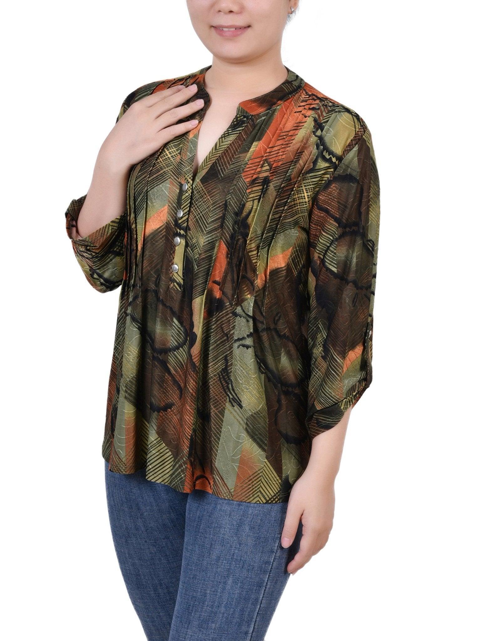 Olive Gilia 3/4 Sleeve Roll Tab Y Neck Top - Petite Product Image