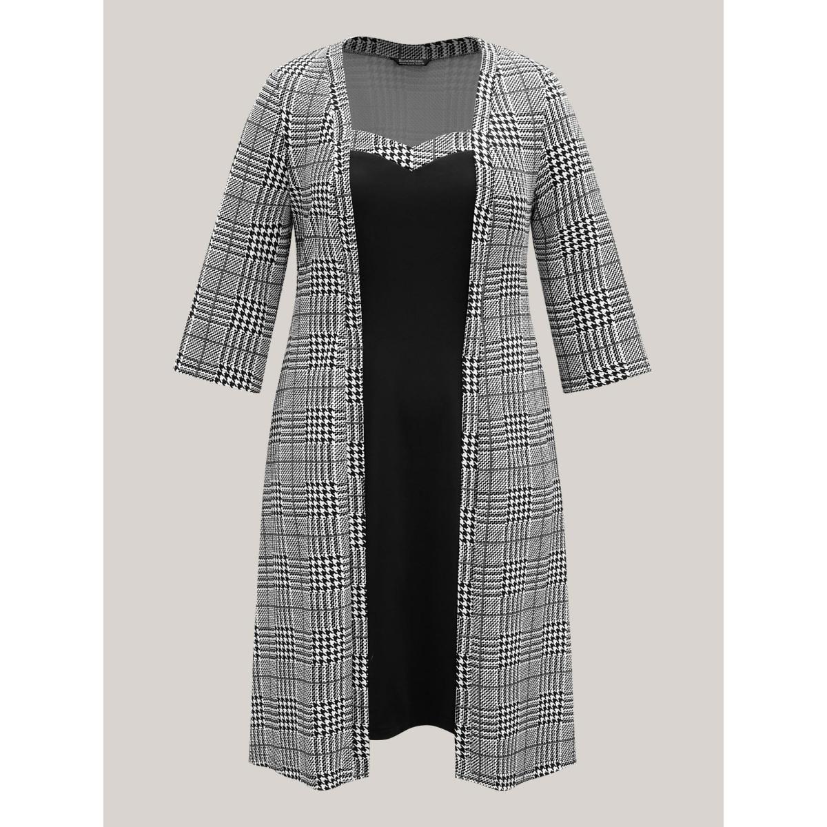 Plus Size Houndstooth Print Waist-Cinched Patchwork Midi Dress BlackFlower Women At the Office Patchwork Knit Dresses Bloomchic 10/M Product Image