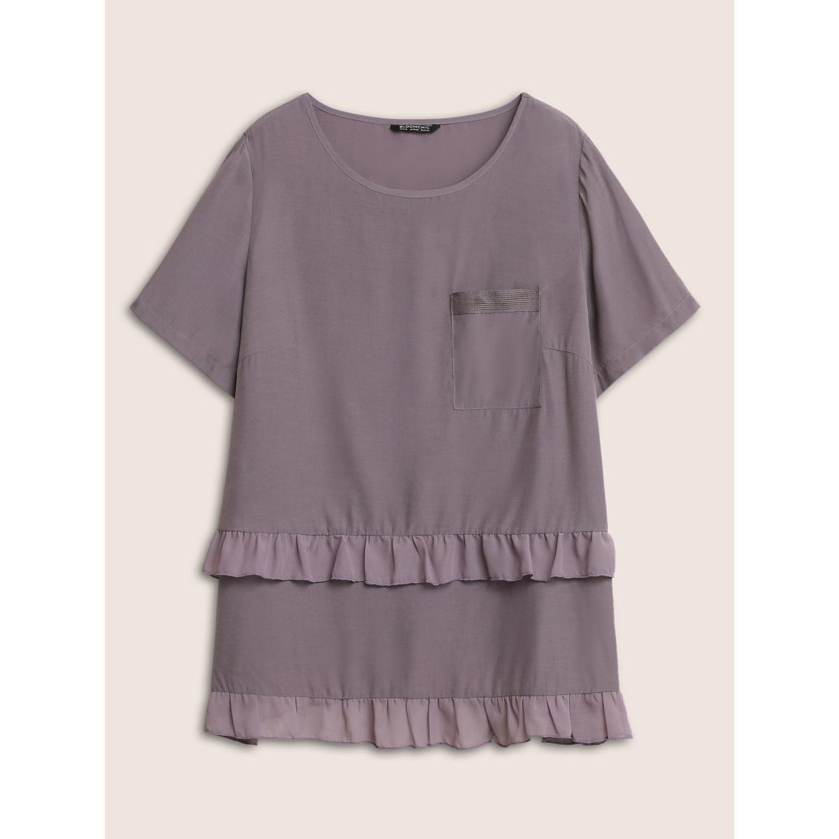 Plus Size Mauve Plain Tiered Ruffles Patched Pocket Blouse Women Casual Short sleeve Round Neck Everyday Blouses BloomChic 26/4X Product Image