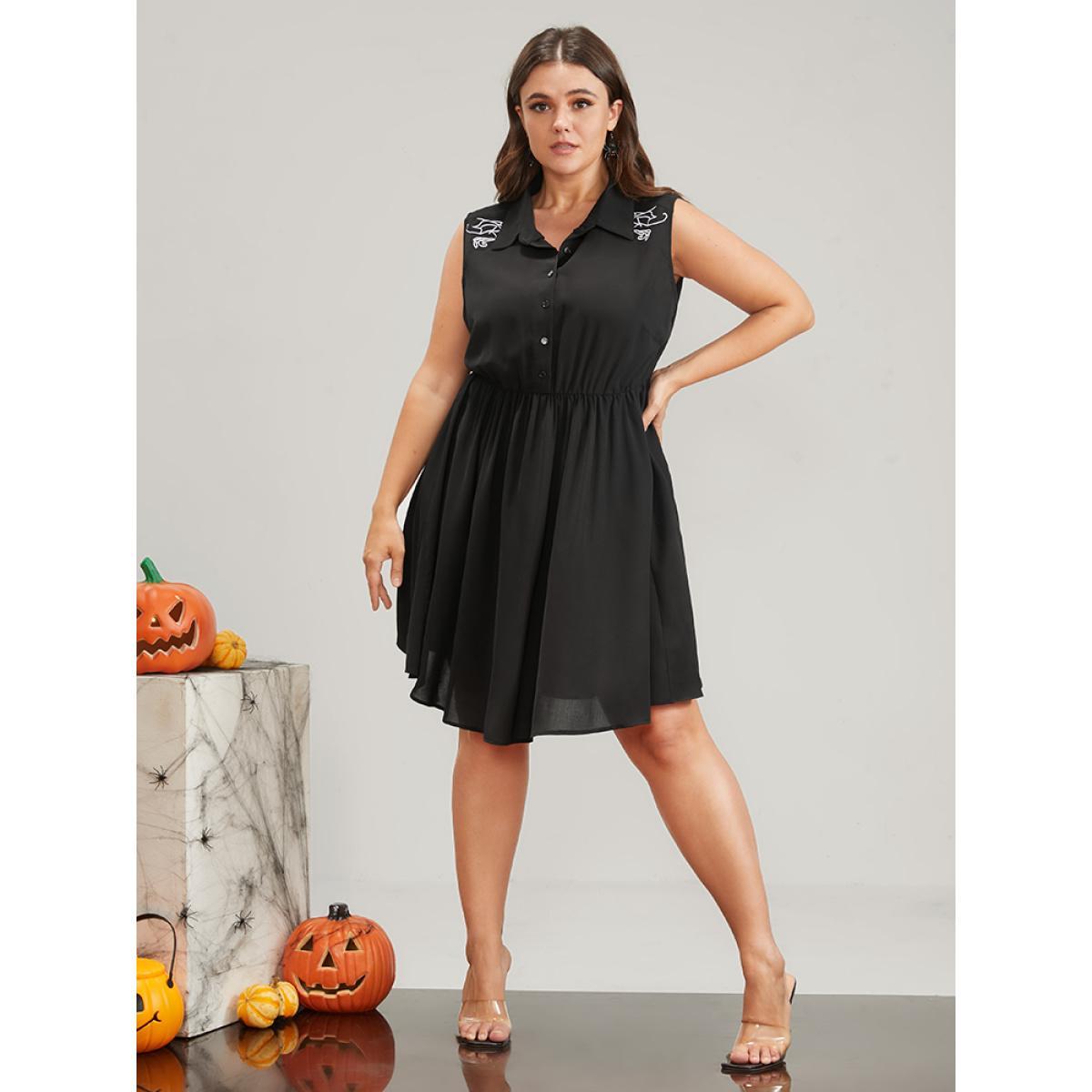 Plus Size Halloween Button Sleeveless Shirt Collar Knee Dress Black Women Elegant Embroidered Shirt collar Sleeveless Curvy Knee Dress BloomChic 12/L Product Image