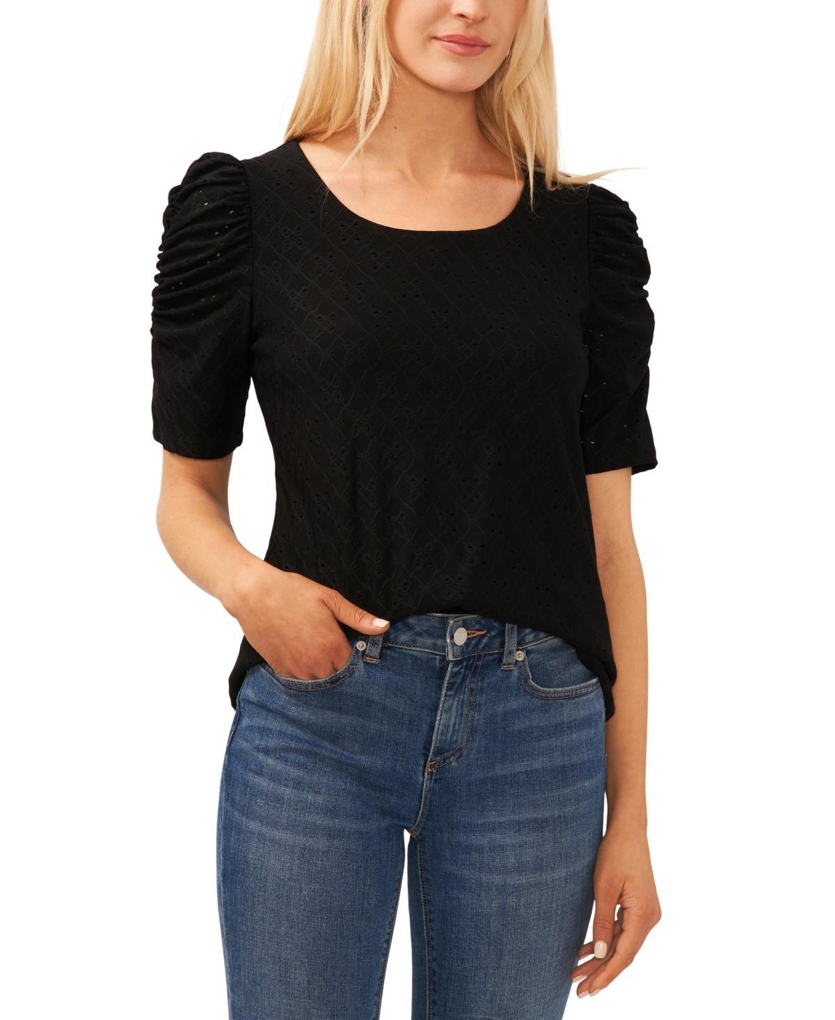 CeCe Womens Short Sleeve Eyelet-Embroidered Knit Top Product Image