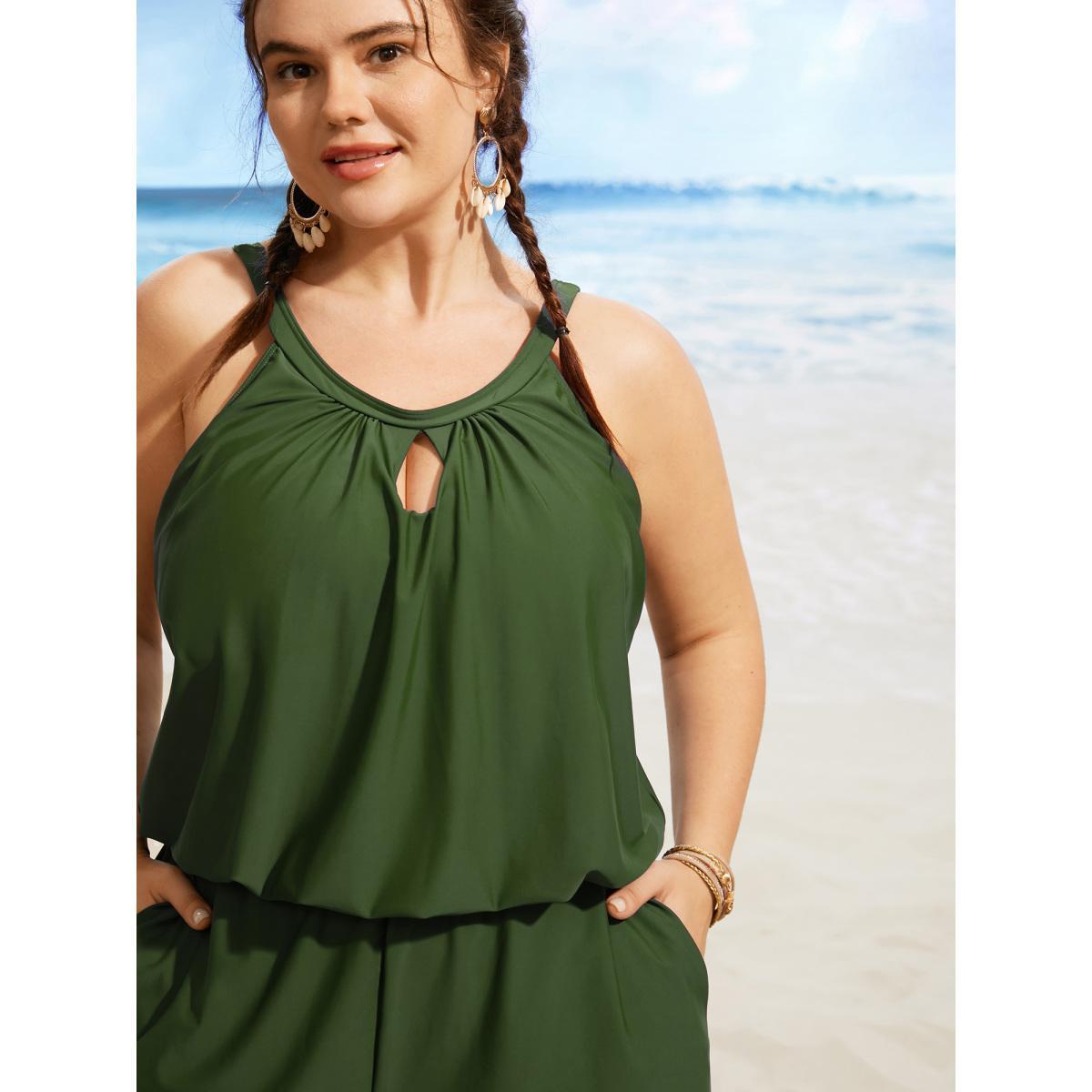 Plus Size Solid Keyhole Elastic Waist Gathered One Piece Swimsuit Women's Swimwear ArmyGreen Beach Gathered Curve Bathing Suits High stretch One Pieces BloomChic 22-24/3X Product Image