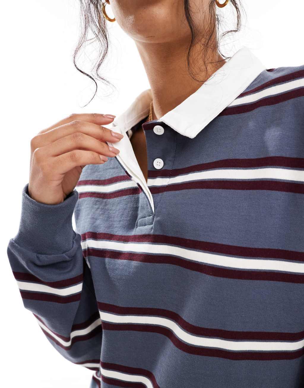 Cotton On long sleeve rugby polo shirt in blue stripe Product Image