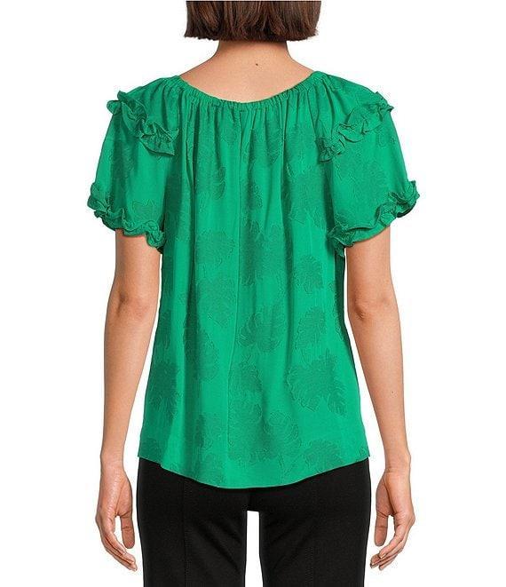 Slim Factor By Investments Heidi Palm Jacquard Elastic Linen Blend Crew Neckline Short Sleeve Top Product Image