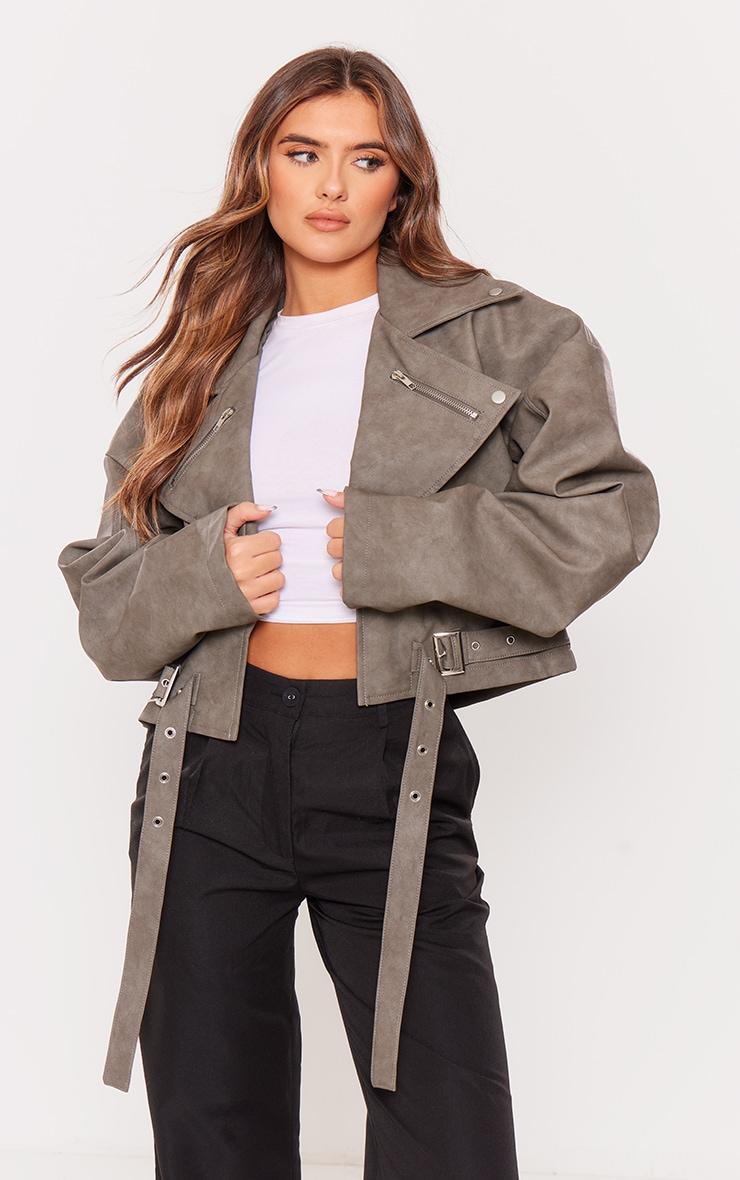  Charcoal Faux Leather Oversized Buckle Detail Biker Jacket Product Image
