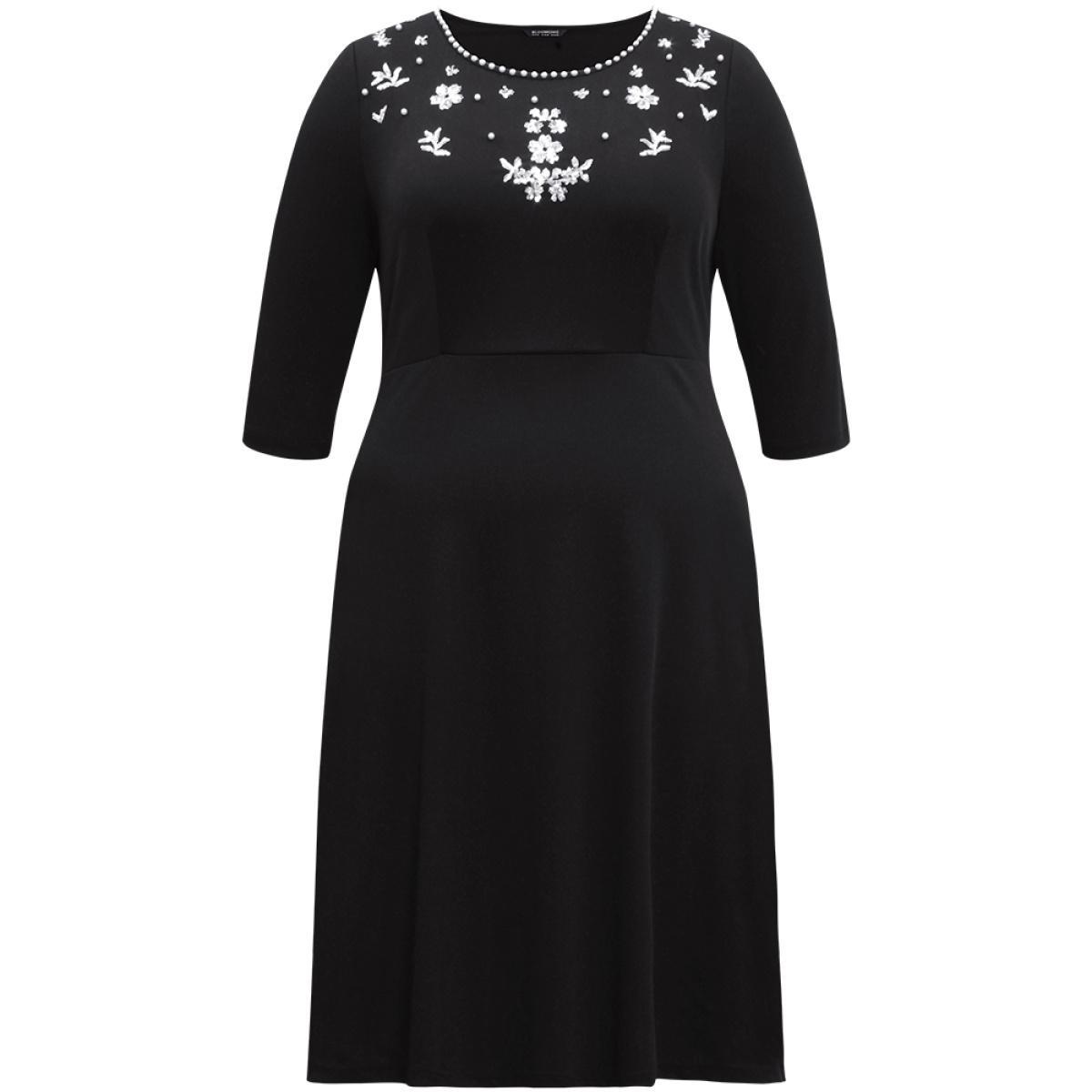 Plus Size Round Neck Sequin Pearl Beaded Dress Black Women Glamour Beaded Round Neck Elbow-length sleeve Curvy Midi Dress BloomChic 12/L Product Image