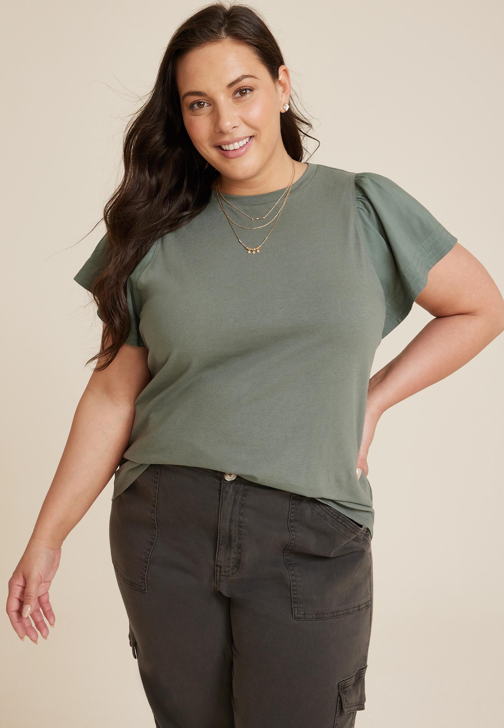 Maurices 2X Plus Size Womens Woven Flutter Sleeve Tee Green Product Image
