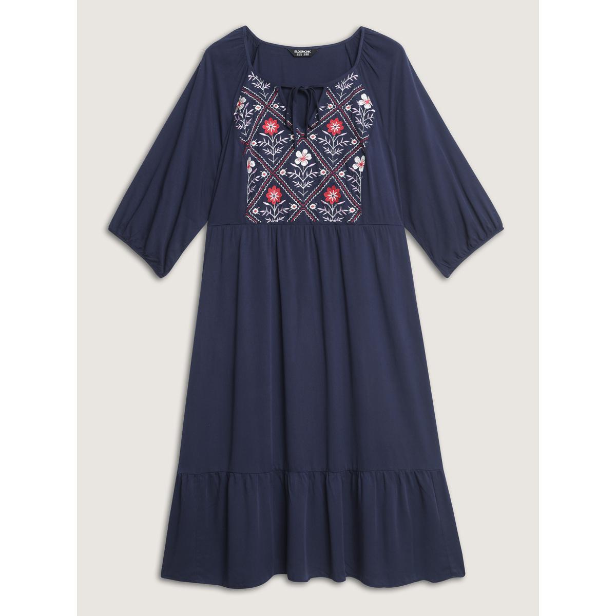 Plus Size Floral Embroidery Pockets Midi Dress DarkBlue Women Notched collar Elbow-length sleeve Curvy BloomChic 12/L Product Image