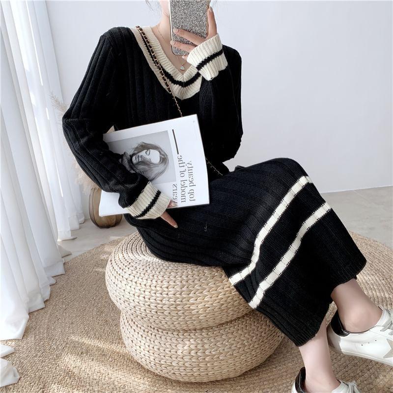 Long Sleeve V-Neck Striped Hem Sweater Dress Product Image