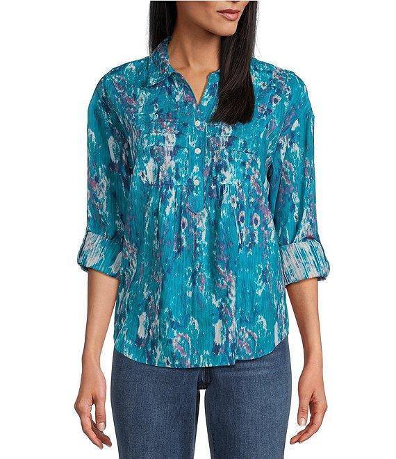 Westbound Tie-Dye Roll Tab Long Sleeve Point Collar Henley Top Product Image