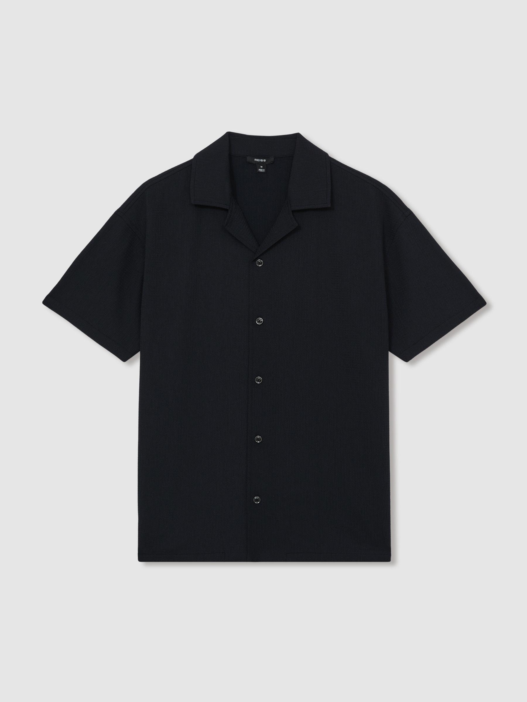 Textured Crepe Cuban Collar Shirt in Navy Product Image
