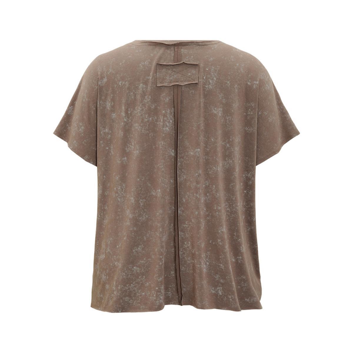 Plus Size Solid Patched Back Raglan Sleeve Heather Vintage T-shirt DarkBrown Women Casual Heather Plain Round Neck Dailywear T-shirts BloomChic 14-16/1X Product Image