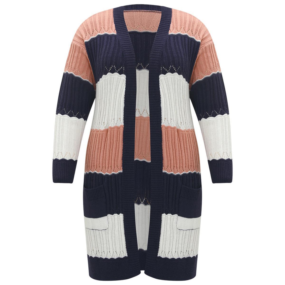 Plus Size Colorblock Contrast Eyelet Open Front Cardigan Multicolor Women Casual Loose Long Sleeve Dailywear Cardigans BloomChic 18-20/2X Product Image