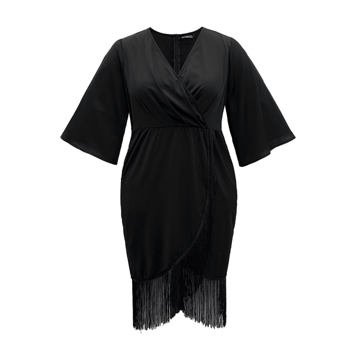 Plus Size Plain Wrap Tassel Trim Pleated Dress Black Women Cocktail Tassels V-neck Elbow-length sleeve Curvy Midi Dress BloomChic 10/M Product Image