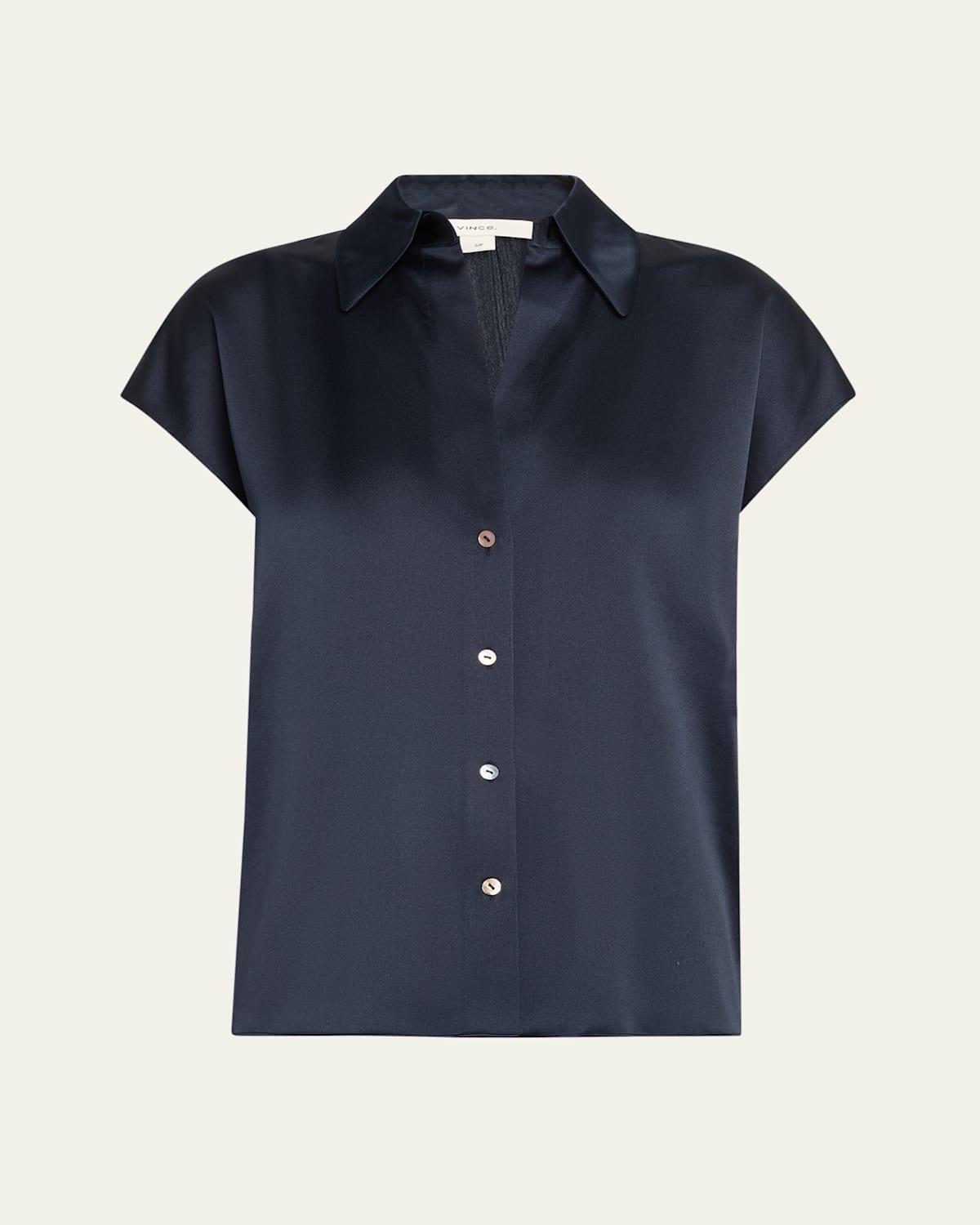 Cap-Sleeve Ruched-Back Silk Blouse Product Image