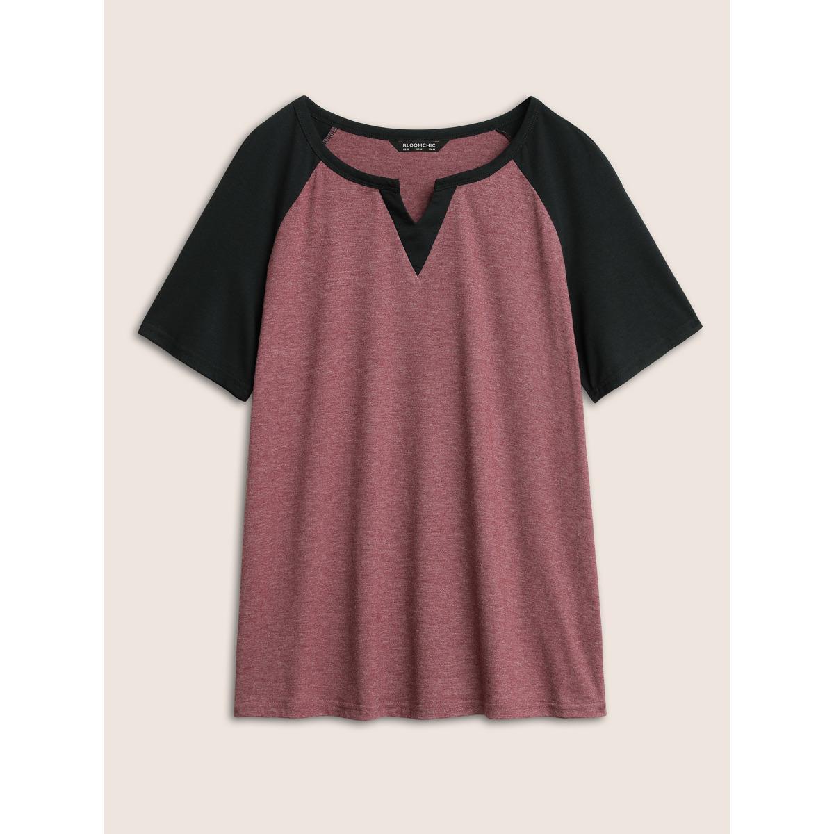 Plus Size Colorblock Contrast Notched Raglan Sleeve T-shirt Burgundy Women Casual Plain Everyday T-shirts BloomChic 18-20/2X Product Image
