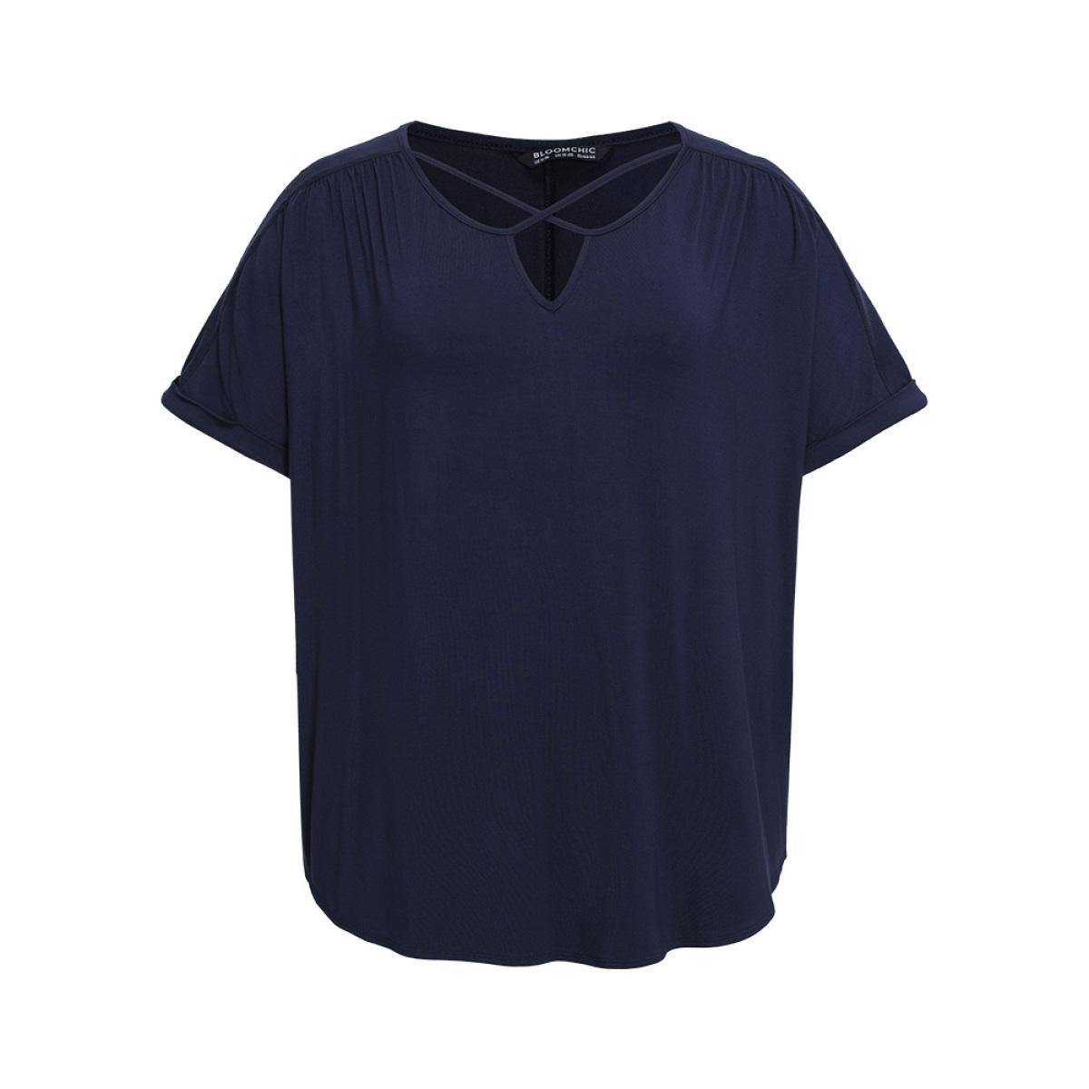 Plus Size Solid Notched Crisscross Roll Batwing Sleeve T-shirt Midnight Women Elegant Arc Hem Plain Notched collar Dailywear T-shirts BloomChic 26/4X Product Image