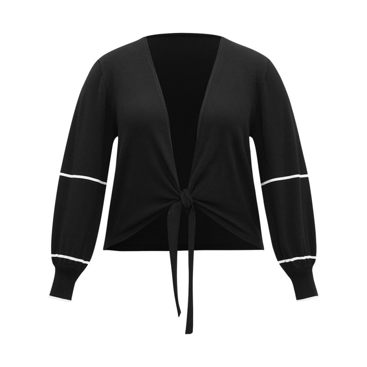 Plus Size Supersoft Essentials Striped Contrast Ties Lantern Sleeve Cardigan Black Women Casual Loose Long Sleeve Dailywear Cardigans BloomChic 18-20/2X Product Image