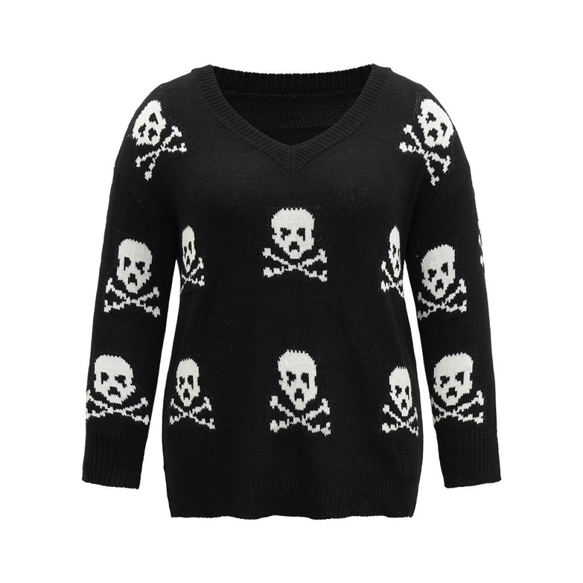 Plus Size Halloween Elastic Cuffs Skull Print Pullover Black Women Casual Loose Long Sleeve V-neck Dailywear Pullovers BloomChic 26/4X Product Image