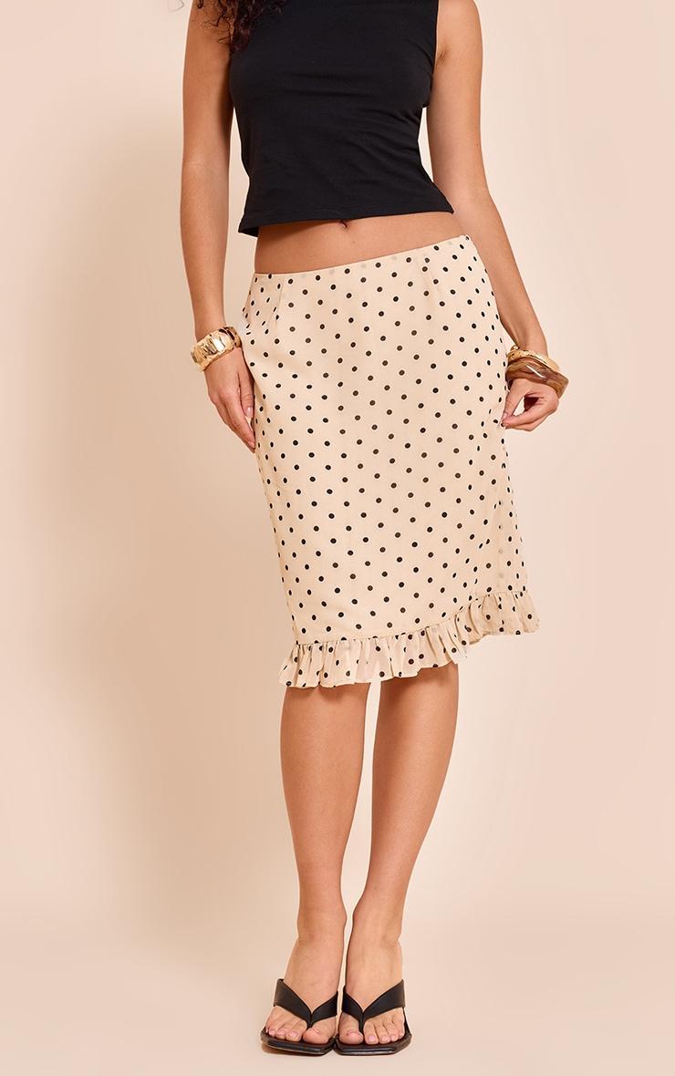 Beige Polka Dot Chiffon Ruffle Hem Midi Skirt Product Image