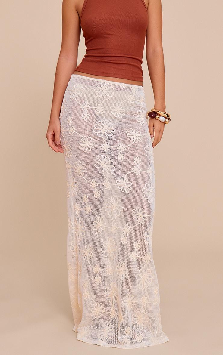 Beige Flower Detail Sheer Maxi Skirt Product Image