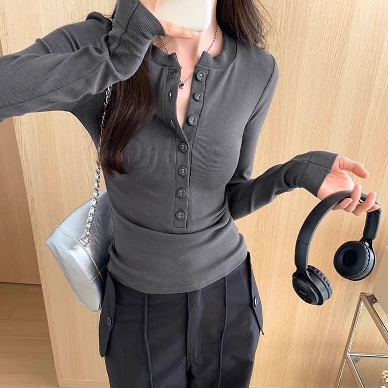 Long Sleeve Round Henley Neck Buttoned Crop Top Product Image