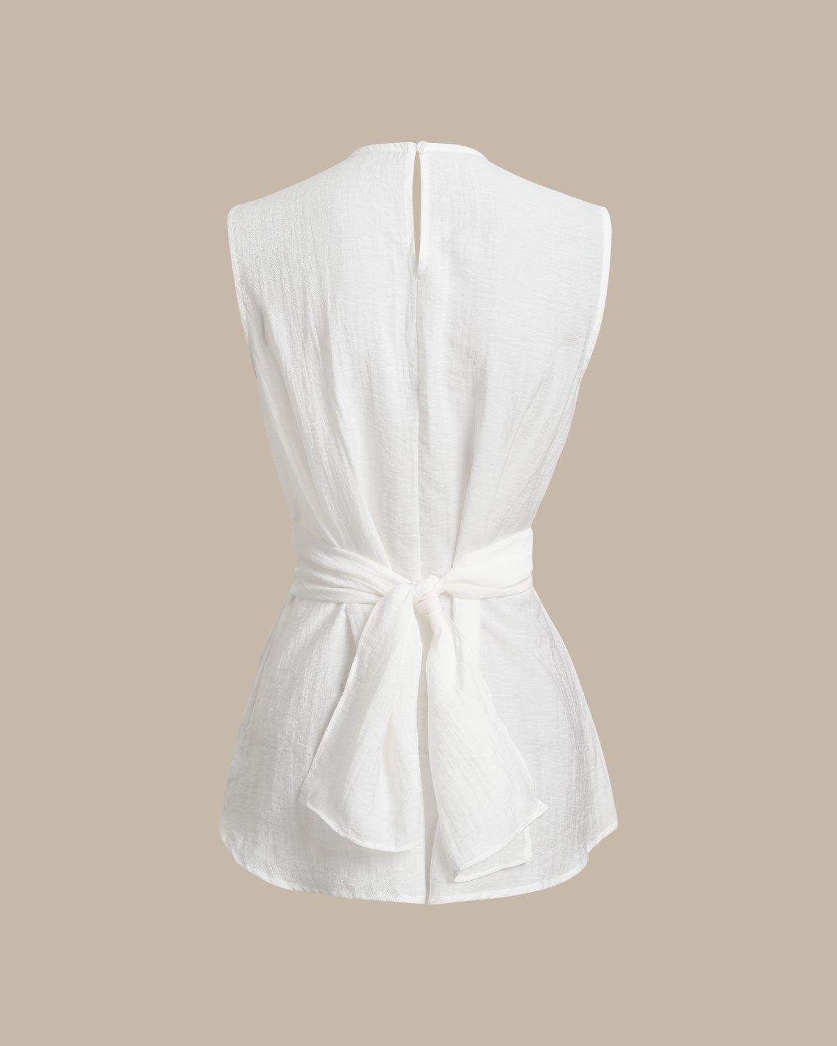 White Round Neck Tie-back Tank Top Product Image