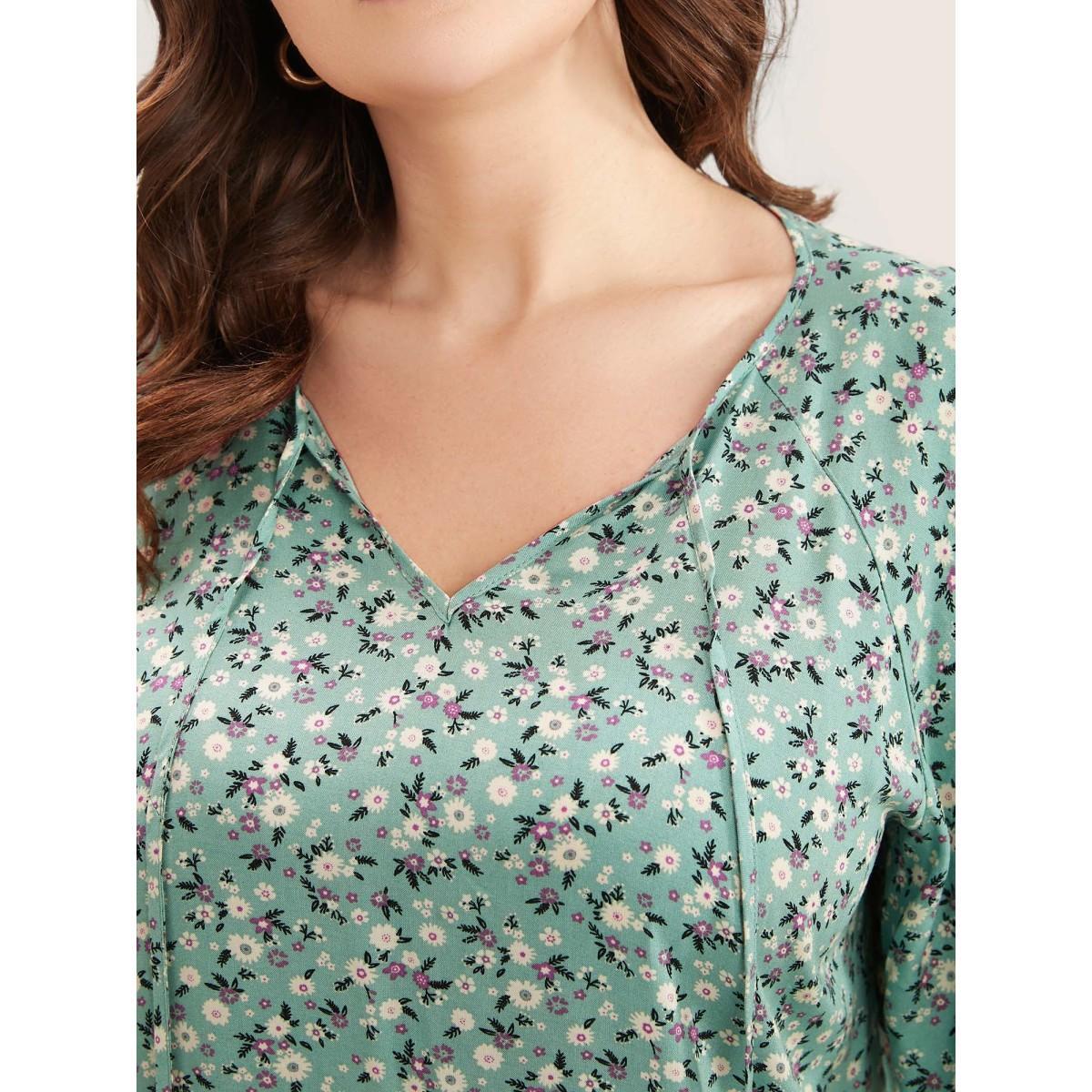 Plus Size Emerald Ditsy Floral Ruffle Sleeve Tie Neck Blouse Women Elegant Short sleeve V-neck Everyday Blouses BloomChic 14-16/1X Product Image