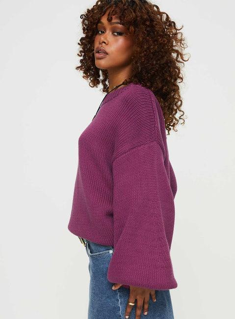 Harmony Balloon Sleeve Knit Sweater Burgundy Product Image