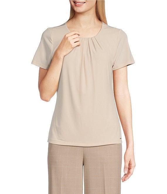 Calvin Klein Solid Matte Jersey Pleated Crew Neck Short Sleeve Blouse Product Image