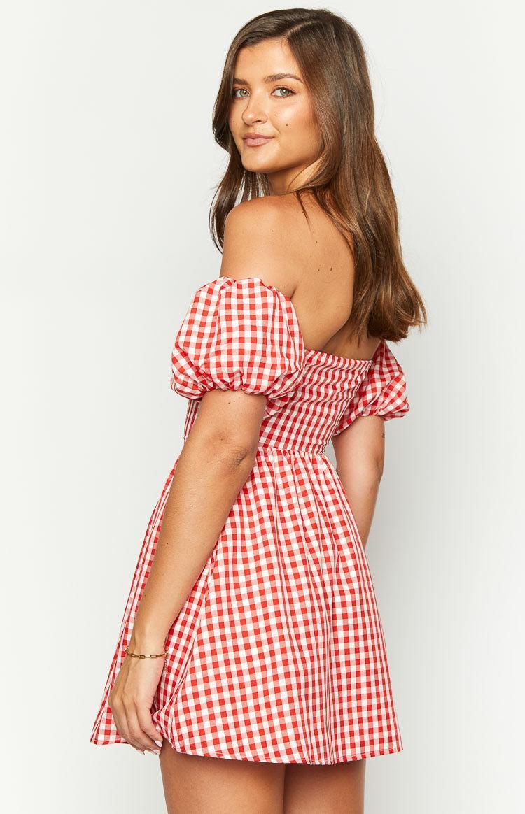 Love Lost Off The Shoulder Red Gingham Mini Dress Product Image