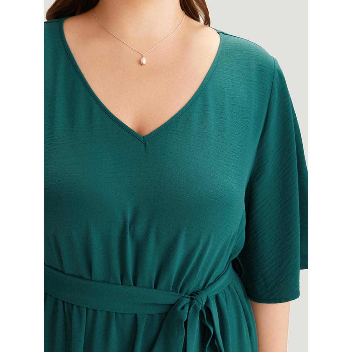 Plus Size Plain Belted Laser Cut High Low Hem Dress Emerald Women Office Gathered V-neck Half Sleeve Curvy Midi Dress BloomChic 10/M Product Image